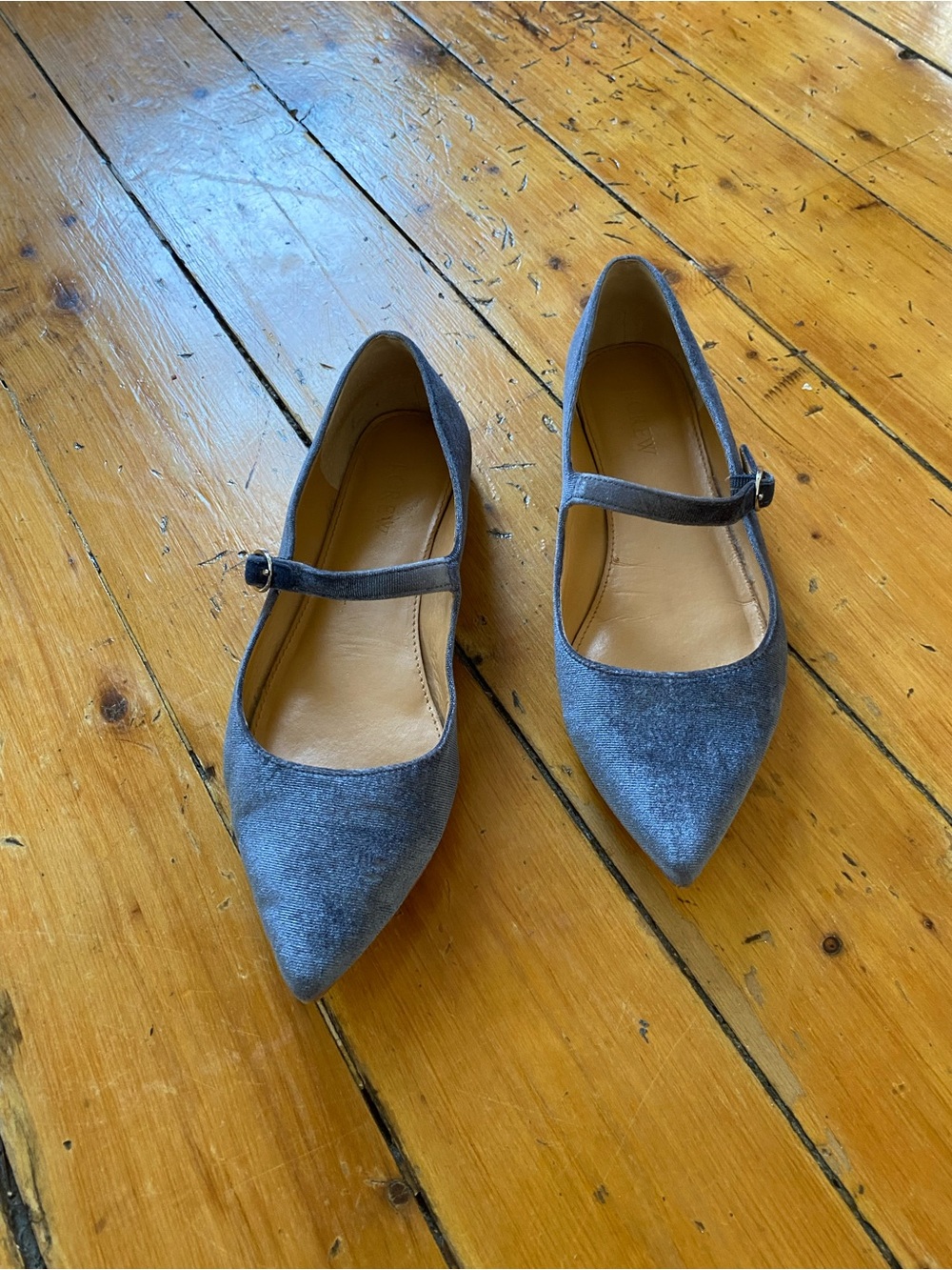 J. Crew Pointed Mary Jane Flats in Blue Suede